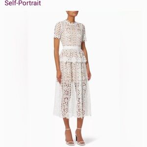 NWT: SELF-PORTRAIT White Guipure Lace Midi Dress - US 6